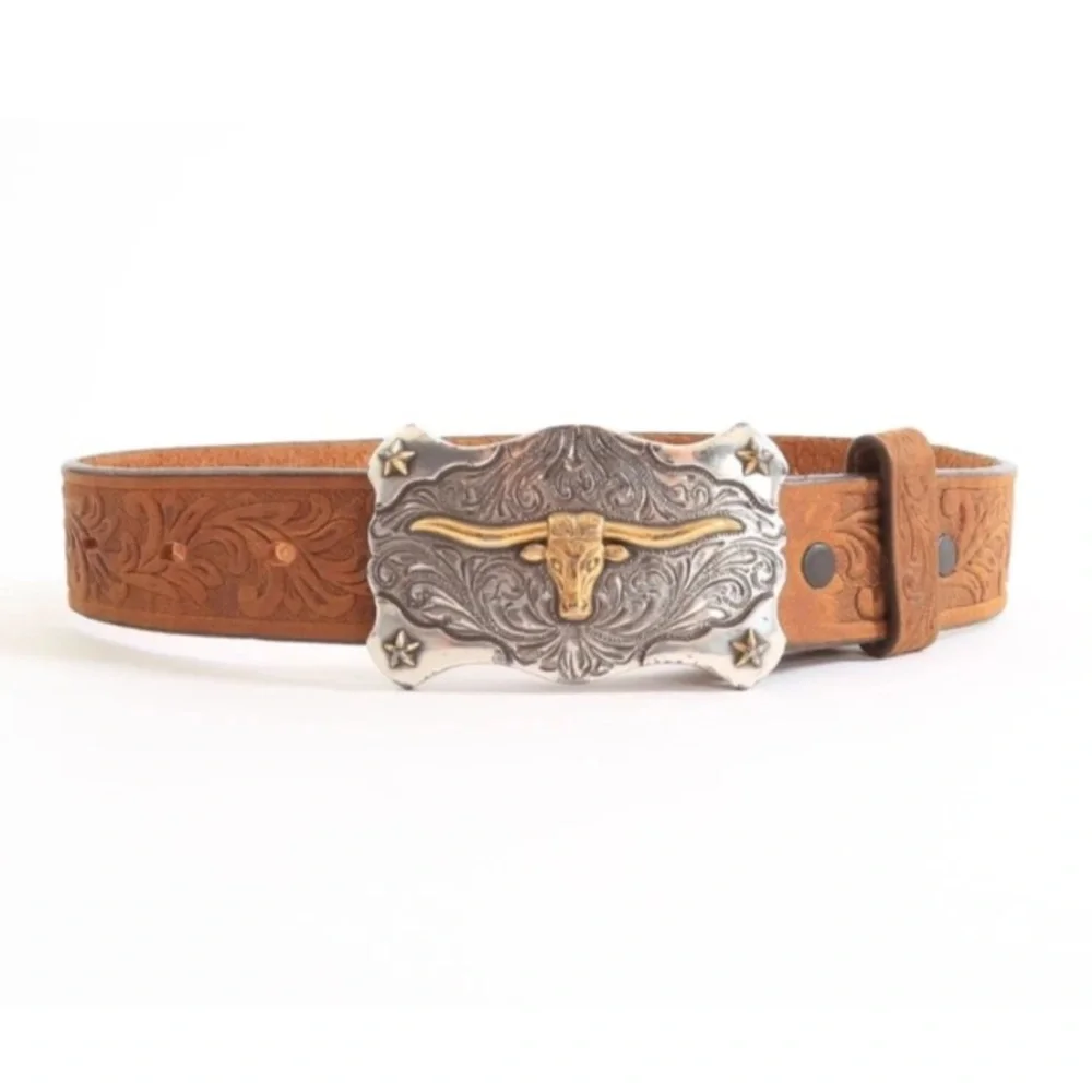 Vintage style Tony Lama USA Western long horn buckle tooled leather kids belt